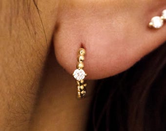 Beaded Huggie Hoops with Prong Set Lab Grown Diamond, 14K Solid Gold Center Diamond Huggie Hoop Earrings, Single or Pair