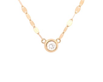 14K Gold Glitter Chain Lab Diamond Necklace, Oval Mirror Flat Link Chain Necklace, Solitaire Bezel Lab Diamond Necklace, Glitter Necklace