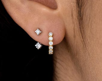 Lab Grown Diamond Milgrain Huggie Earring, Classic 12mm Diamond Huggie Hoop Earring, 14K Gold Lab Diamond Hoop, Single or Pair