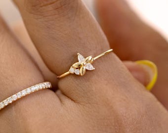 Floral Lab Grown Diamond Band, 14K Solid Gold Dainty Hawaiian Flower Marquise Cut Diamond Flower Ring, Plumeria Flower Ring