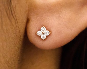 Flower Lab Grown Diamond Stud Earring, 14K Solid Gold Diamond Four Stone Clover Stud Piercing, Screw Back Push Back Stud, Single or Pair