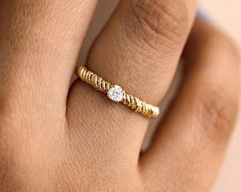 Multi Rope Twist Coil Beaded Milgrain Eternity Band,  14K Solid Gold Solitaire Ribbed Lab Grown Diamond Wedding Ring