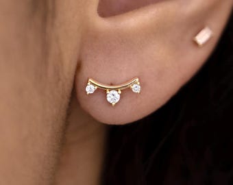 Curved Triple Lab Grown Diamond Earring, 14K Solid Gold Curve Trio Diamond Earring