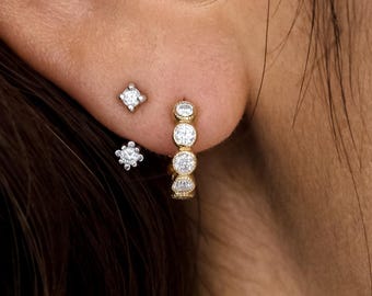 Lab Grown Diamond Milgrain Huggie Earring, Classic Wide 12mm Diamond Huggie Hoop Earring, 14K Gold Lab Diamond Hoop, Single or Pair