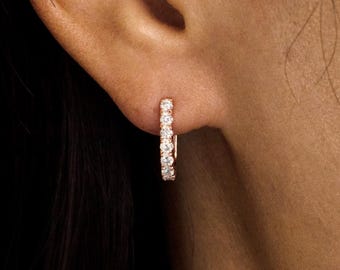 Lab Grown Rectangular Diamond Huggie Earring, U-Hoop Oval Diamond Huggie Earring, 14K Gold Lab Diamond Hoop, Single or Pair