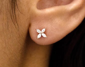 Flower Marquise Lab Grown Diamond Earring, 14K Solid Gold Marquise Diamond Stud Piercing, Screw Back Push Back Stud, Single or Pair