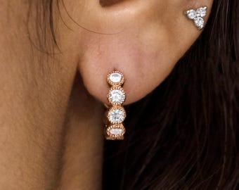 Lab Grown Diamond Milgrain Huggie Earring, Classic 14mm Diamond Huggie Hoop Earring, 14K Gold Lab Diamond Hoop, Single or Pair
