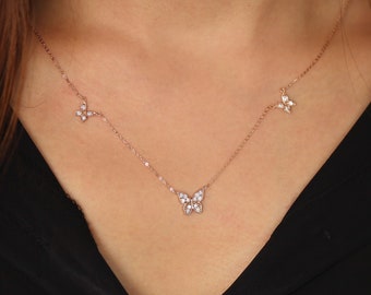 Diamond Necklace, Butterfly Necklace, 14K Solid Gold 3 Butterfly Pendant Necklace, Unique Necklace, Triple Butterfly Diamond Necklace