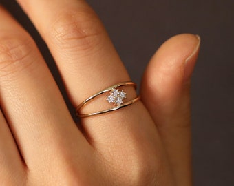 Anillo de doble banda con racimo de diamantes, anillo de oro de 14 quilates con racimo de diamantes, anillo de oro de 14 quilates, anillo de diamantes único, anillo de boda, anillo de compromiso