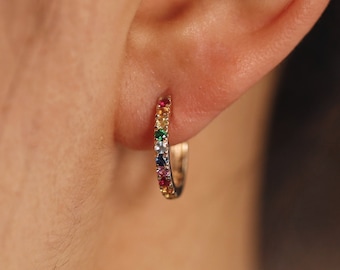 15mm Rainbow Sapphire Huggie Earrings, Multi Colored Sapphire Hoop Earrings, Rainbow Hoop Earrings, Colorful Huggie Hoops, 14K Huggie Hoops