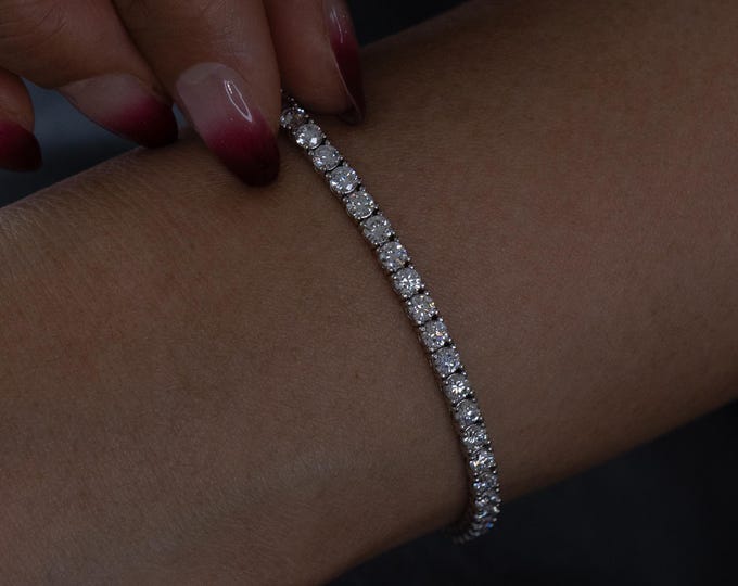 Featured listing image: Diamond Tennis Bracelet, 5.60 Carat Round Lab Diamond Tennis Bracelet, Full Eternity 4 Prong Bracelet, 14K Gold Bracelet, Layering Bracelet