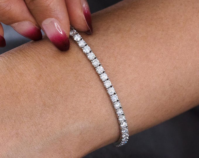 Featured listing image: Diamond Tennis Bracelet, 5.60 Carat Round Lab Diamond Tennis Bracelet, Full Eternity 4 Prong Bracelet, 14K Gold Bracelet, Layering Bracelet