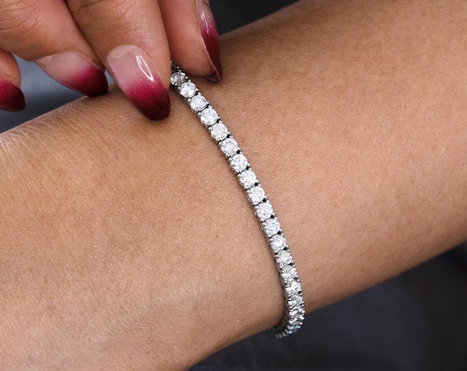 Featured listing image: Diamond Tennis Bracelet, 5.60 Carat Round Lab Diamond Tennis Bracelet, Full Eternity 4 Prong Bracelet, 14K Gold Bracelet, Layering Bracelet