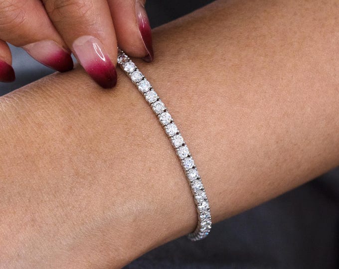 Featured listing image: Diamond Tennis Bracelet, 5.60 Carat Round Lab Diamond Tennis Bracelet, Full Eternity 4 Prong Bracelet, 14K Gold Bracelet, Layering Bracelet