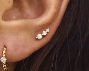 Mini Climber Flat Back Stud Earring, Dainty Triple Lab Grown Diamond Earring, 14K Solid Gold Trio Diamond Stud Piercing, Single Stud or Pair