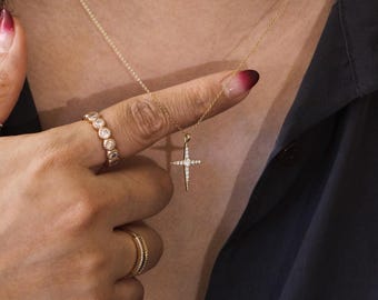 Lab Grown Diamond Cross Necklace, Minimalist Star Necklace, Religious Cross Necklace, 14K Gold Polaris Star Diamonds Necklace