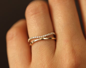 Half Eternity Diamond Double Band, 14K Solid Gold Diamond Ring, 14K Gold Ring, Unique Wedding Ring, Diamond Wedding Band, Engagement Ring