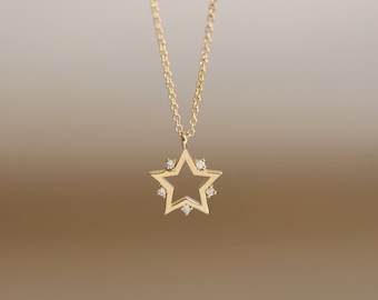 14K Gold Star Pendant Necklace with Natural Diamonds / Constellation Star Charm Necklace / Star Pendant Necklace / Diamond Star Pendant