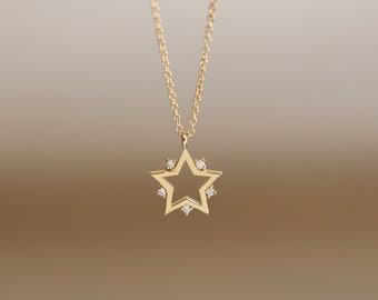 14K Gold Star Pendant Necklace with Natural Diamonds / Constellation Star Charm Necklace / Star Pendant Necklace / Diamond Star Pendant