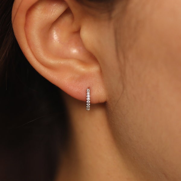 Diamond Huggie Earrings, 10mm Diamond Hoop Earrings, Huggie Hoop Earring, Diamond Earrings, Hoop Earrings, Huggie Earrings, Single or Pair