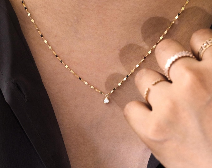 Featured listing image: 14K Gold Glitter Chain Lab Diamond Necklace, Oval Mirror Flat Link Chain Necklace, Solitaire 4 Prong Lab Diamond Necklace, Glitter Necklace