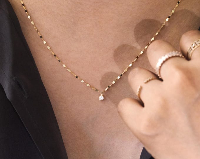 Featured listing image: 14K Gold Glitter Chain Lab Diamond Necklace, Oval Mirror Flat Link Chain Necklace, Solitaire 4 Prong Lab Diamond Necklace, Glitter Necklace