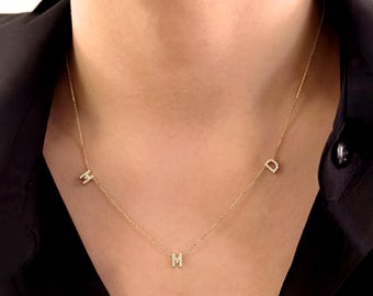 14K Gold Lab Grown Diamond Initial Necklace, Custom Letter Pendant Necklace, Personalized Lab Diamond Three Letter Initials Necklace