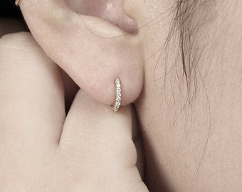 Diamond Huggie Earring, 9mm Diamond Hoop Earring with 6mm Inside Diameter, Lab Grown or Natural Diamond Cartilage Hoop, Single or Pair