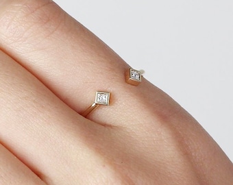 Diamond Ring / Princess Cut Diamond Ring / Minimalist Ring / Double Diamonds Ring / Cuff Ring / Open Ring / Stackable Ring / Gifts For Her