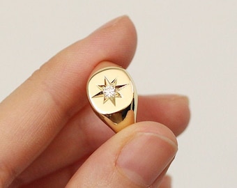 Polaris Signet Ring, Diamond Signet Ring, Minimalist Signet Polaris Ring, Polaris Star Natural Diamond Signet Ring, 14k Gold Signet Ring