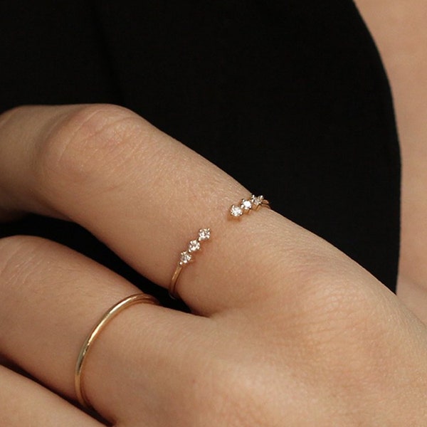 14K Solid Gold Open Diamond Wedding Ring, Wedding Band Guard Ring, Minimalist Stacking Ring, Unique Diamond Wedding Band, Diamond Cuff Ring