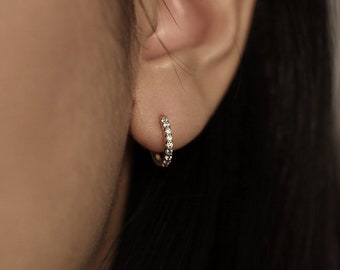 Diamond Huggie Earrings / 11mm Diamond Hoop Earrings / Diamond Hoop Earrings / Diamond Earrings / Huggie  Hoop Earrings / Single or Pair