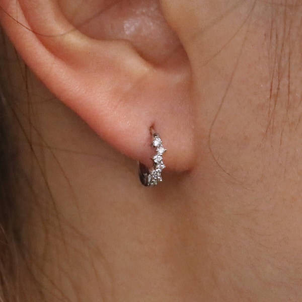 Diamond Cluster Huggie Earrings, 10mm Diamond Hoop Earrings, Lab Grown or Natural Diamond Huggie, Single or Pair, 14K Gold Hoop Earrings
