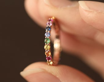 Rainbow Sapphire Ring, 14k Gold Natural Multi Colored Sapphire Stone Full Eternity Ring, Sapphire Rainbow Ring, Stacking Ring, Gift for her