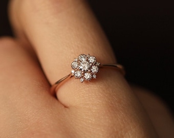 Engagement Ring, Flower Diamonds Cluster Ring, Diamond Ring, Propose Ring, Wedding Ring, Engagement Band, Anniversary Ring, Gift for Her