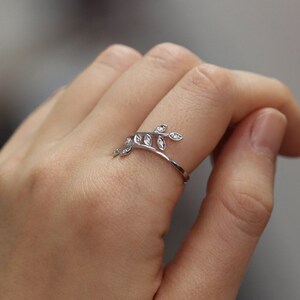 Twist Leaf Unique Diamond Ring, 14K Solid Gold Ring, Stacking Ring, Diamond Leaf Ring, Minimalist Ring image 3