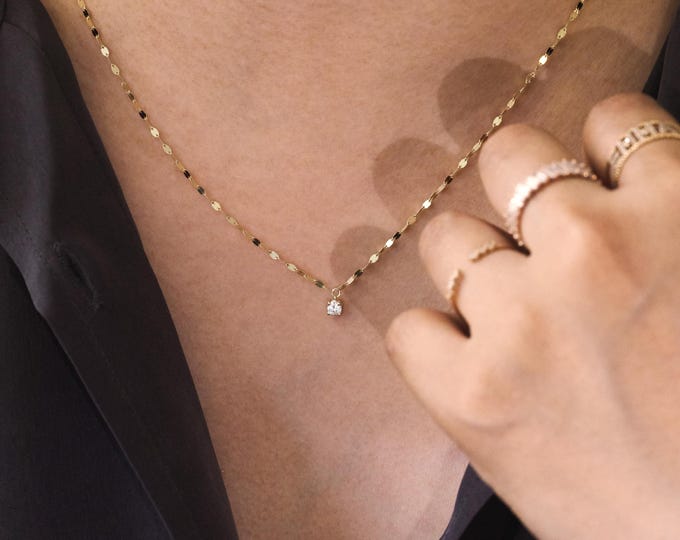 Featured listing image: 14K Gold Glitter Chain Lab Diamond Necklace, Oval Mirror Flat Link Chain Necklace, Solitaire 4 Prong Lab Diamond Necklace, Glitter Necklace