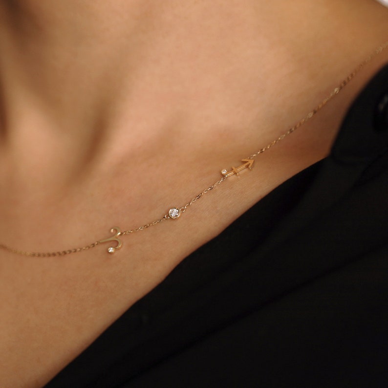 Sideways Zodiac Necklace, Double Zodiac Signs With Diamond Bezel