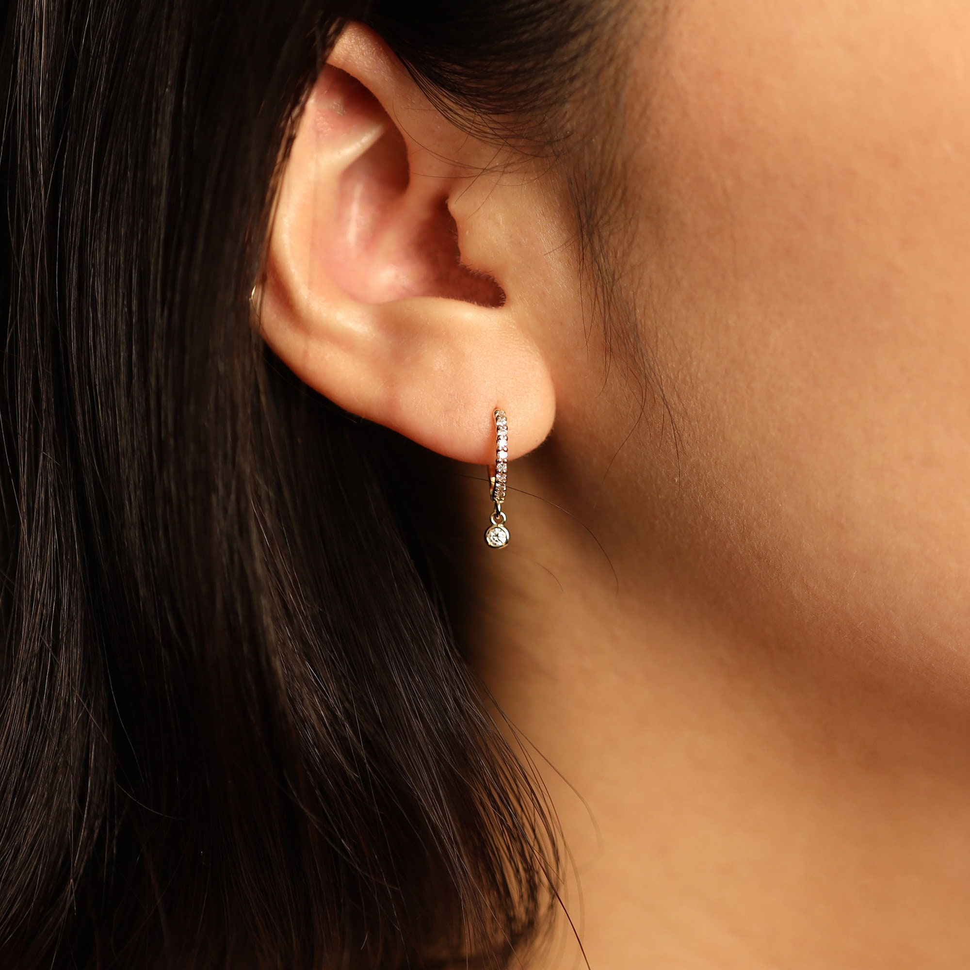 Bezel Drop Diamond Dangle Diamond Huggie Earrings Diamond Etsy