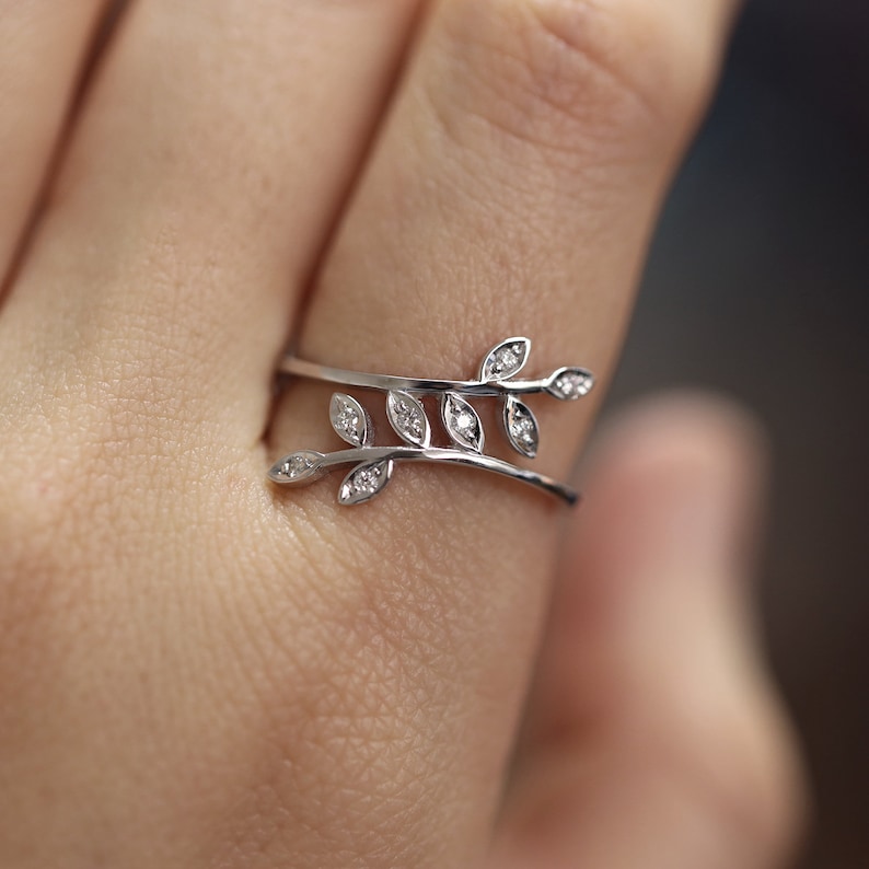 Twist Leaf Unique Diamond Ring, 14K Solid Gold Ring, Stacking Ring, Diamond Leaf Ring, Minimalist Ring image 6