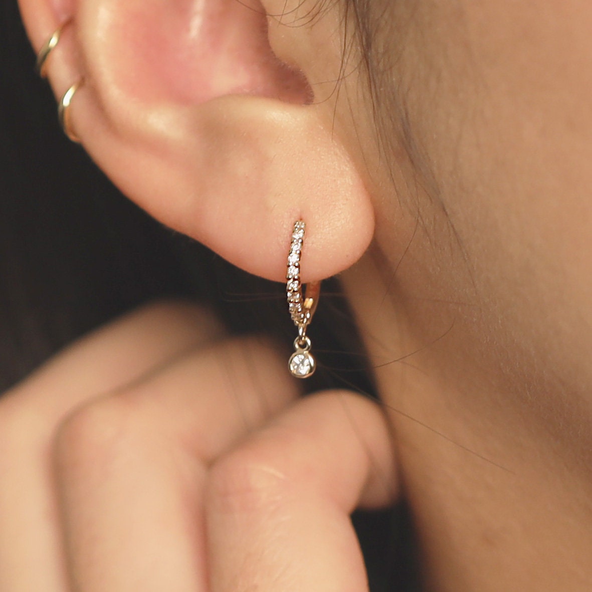 Bezel Drop Diamond Dangle Diamond Huggie Earrings / Diamond Hoop