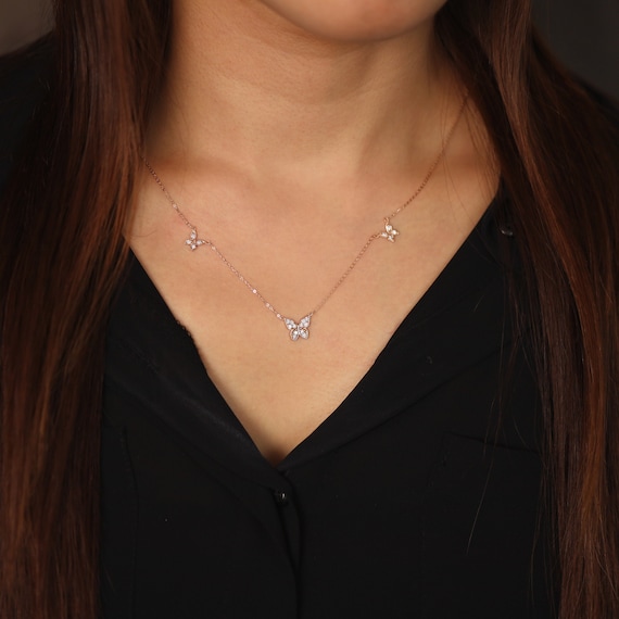 Diamond Necklace Butterfly Necklace 14K Solid Gold 3 Butterfly