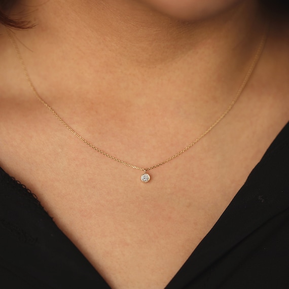 14K Solid Gold Bezel Set Diamond Necklace Single Diamond Minimalist  Necklaces. | eBay