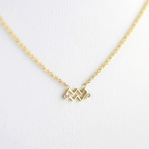 Fine 14k Yellow Gold Aquarius February Zodiac Sign Horoscope Pendant Necklace