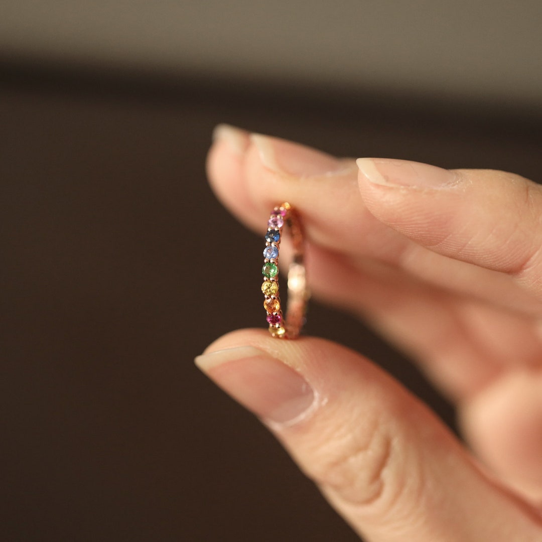 Rainbow Sapphire Ring, 14k Gold Natural Multi Colored Sapphire