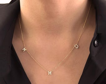 14K Gold Lab Grown Diamond Initial Necklace, Custom Letter Pendant Necklace, Personalized Lab Diamond Three Letter Initials Necklace