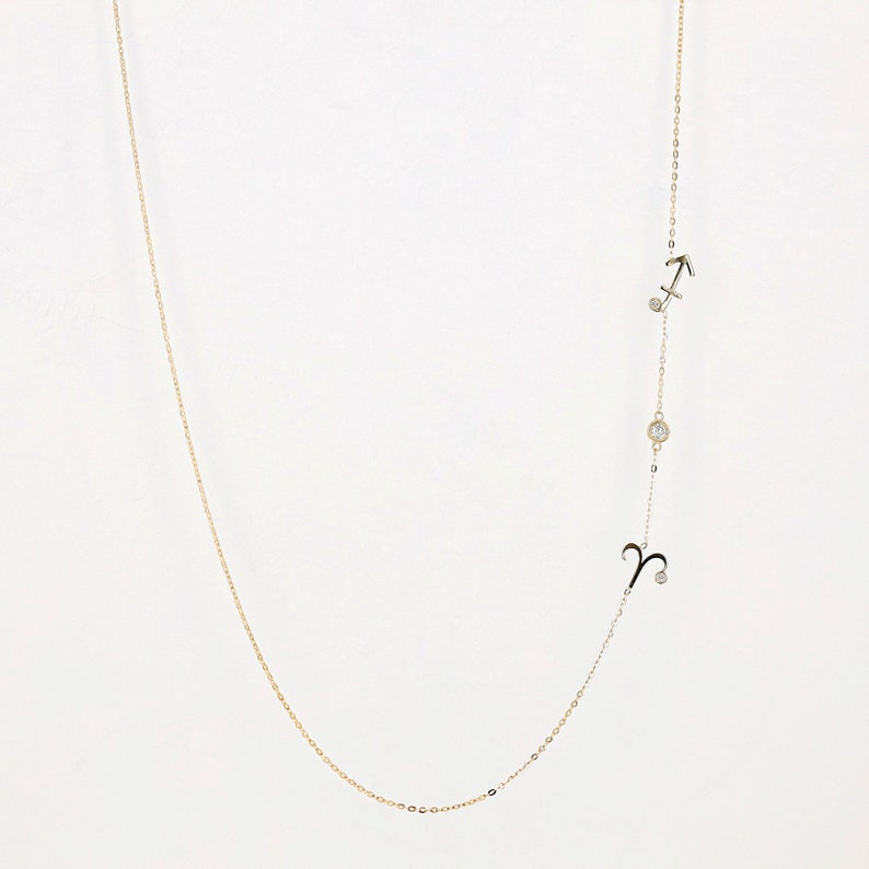 Sideways Zodiac Necklace, Double Zodiac Signs With Diamond Bezel