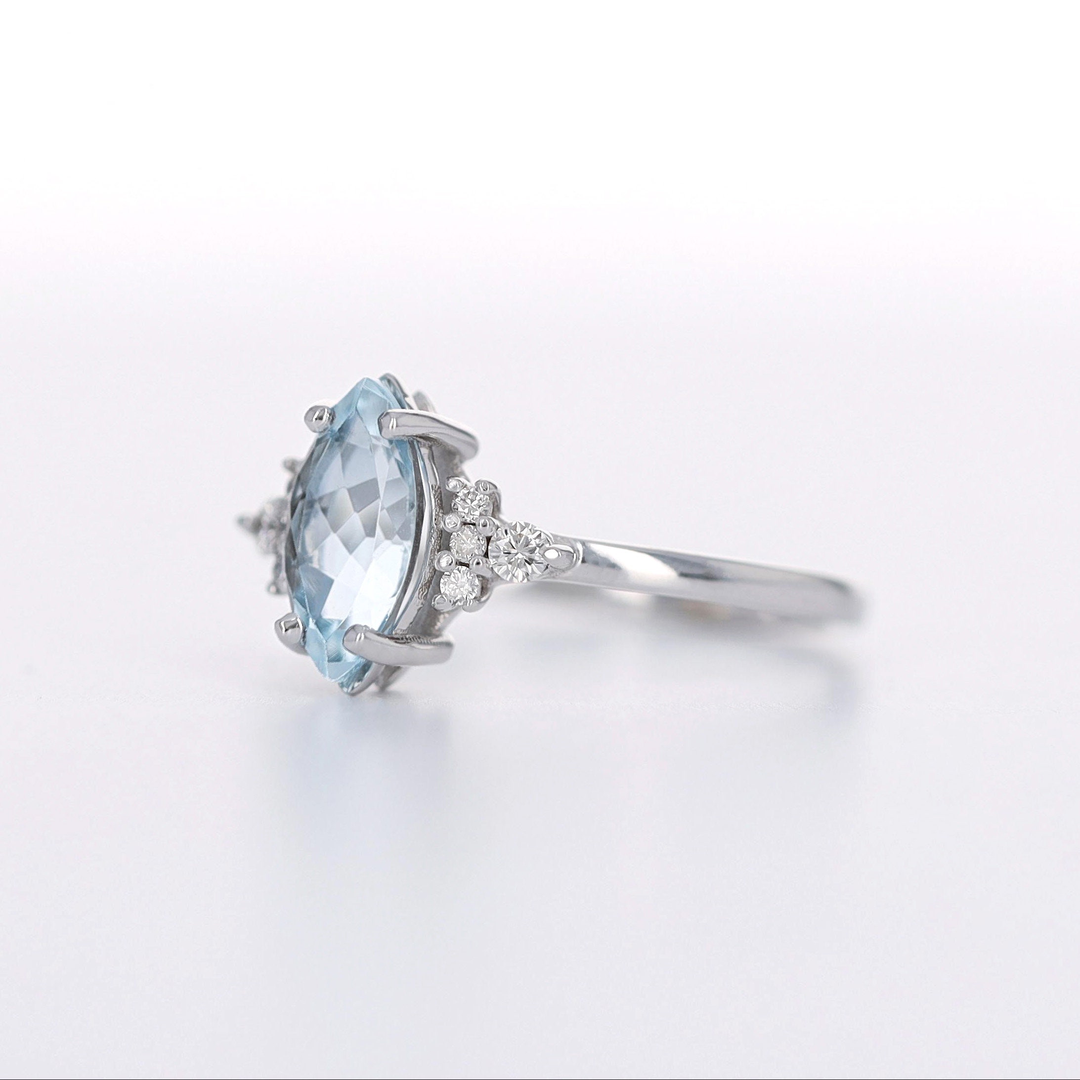 Vintage Style Aquamarine Ring, Aquamarine Eight Diamonds Ring ...