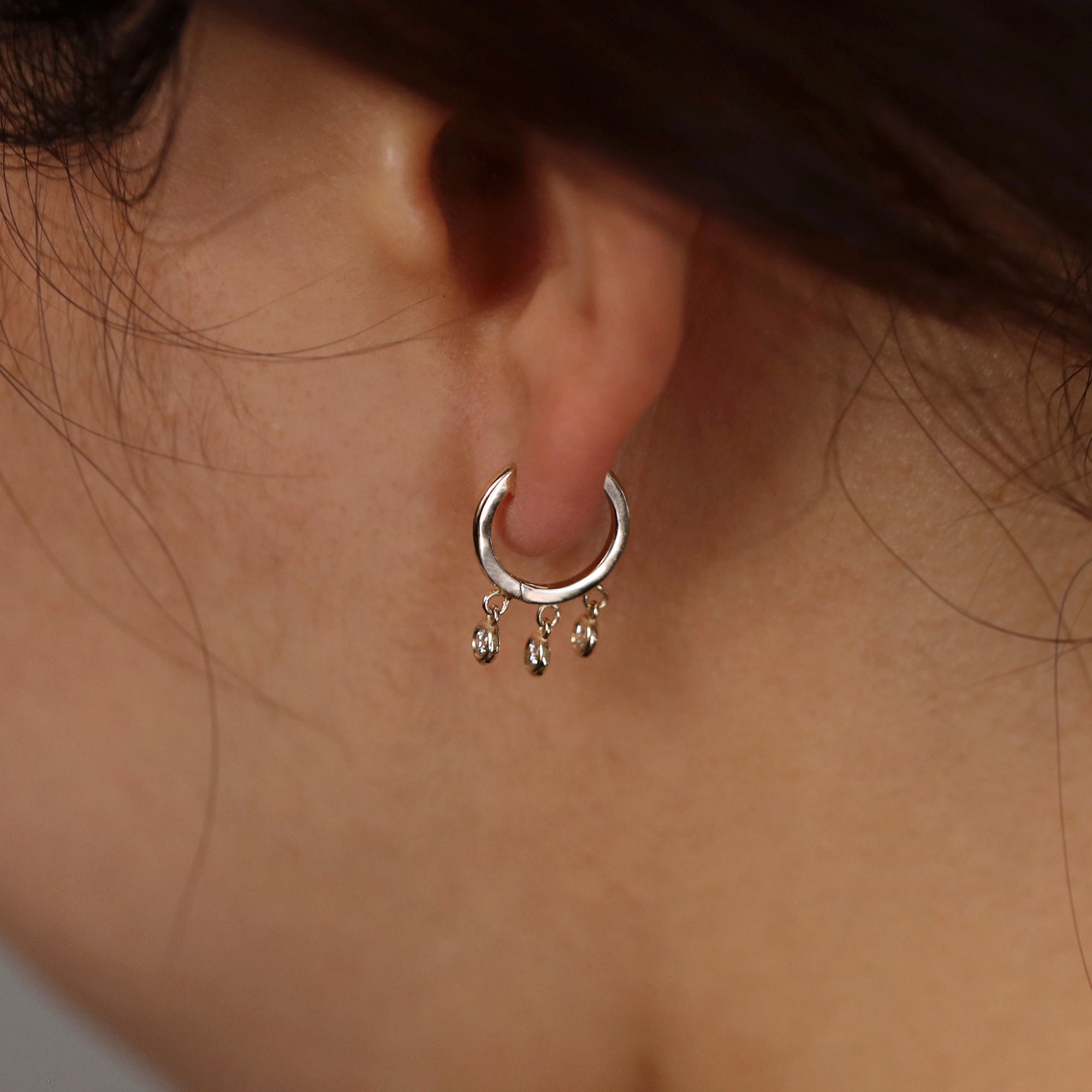 Huggie Hoop Earrings with Three Diamond Dangle Charms, 14K Gold 11mm