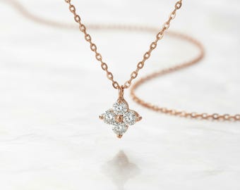 Lab Grown Diamond Pendant Necklace, Four Leaf Clover Pendant Necklace, 14K Gold Minimalist Diamond Necklace, Dainty Lab Diamond Necklace